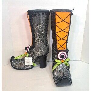 December Diamonds 2 Each 15" Witch Boots Black & Orange Foam & Fabric Halloween